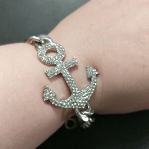 𝅺Silver Tone Clear Rhinestone Anchor Chain Link Statement Bracelet